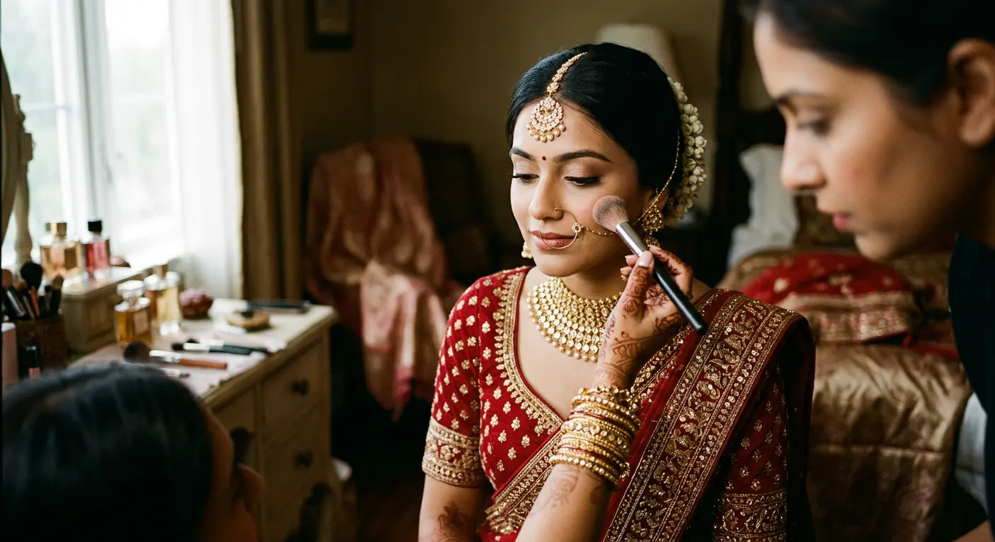 A makeup artist applying finishing touches to a bride in soft window light