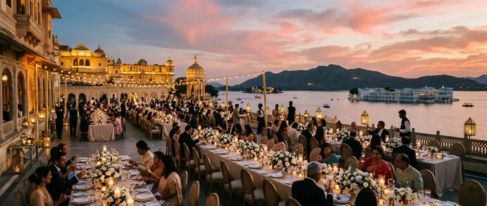 A candlelit lakeside wedding dinner on a palace terrace at dusk