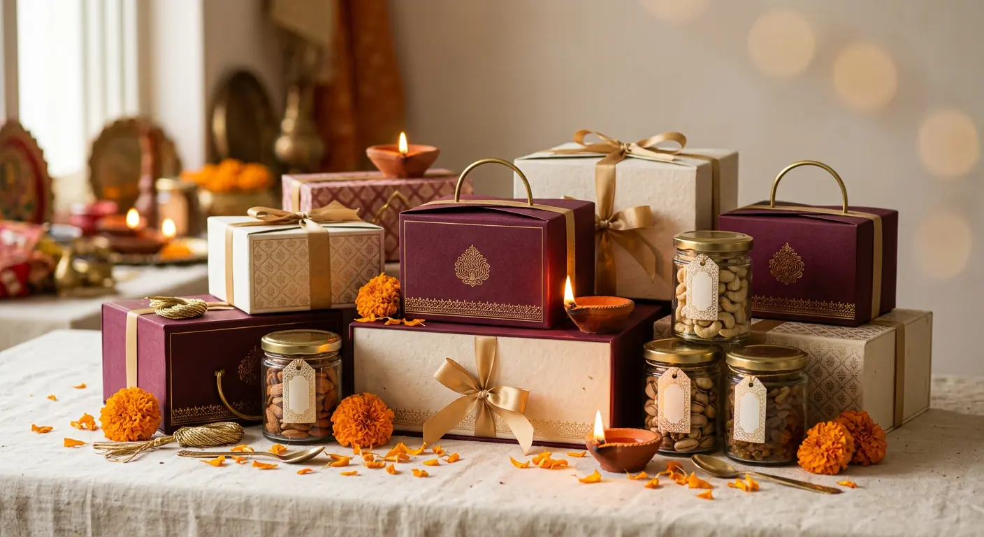 Festive gift boxes stacked beside lit diyas