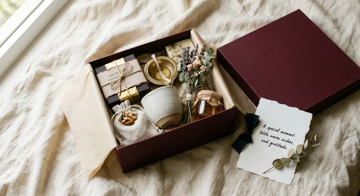 An oxblood gift box with chocolates, a brass diya and a handwritten card
