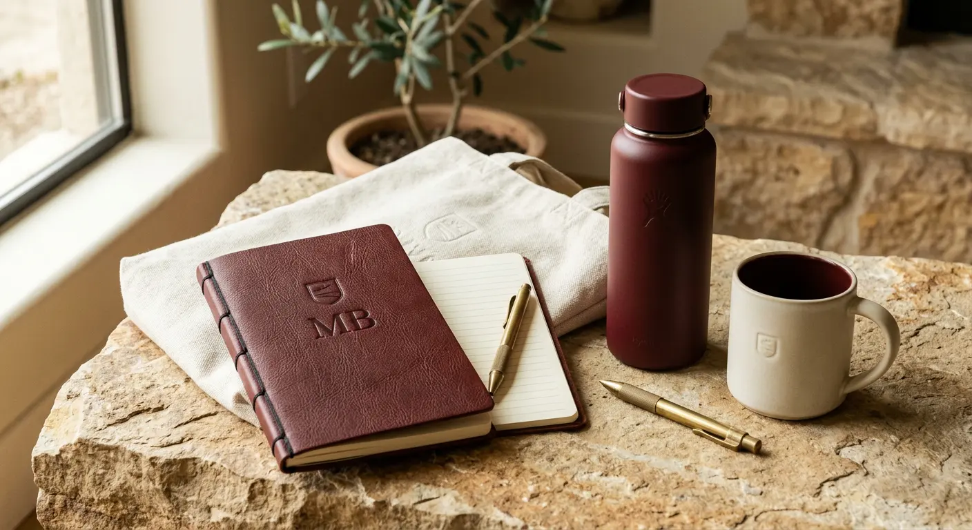 A branded notebook, bottle, tote and mug