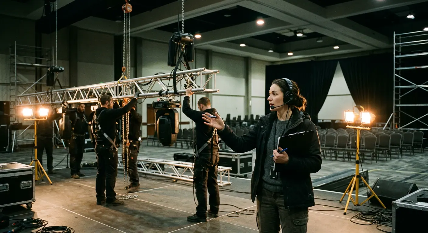 Production crew rigging stage lighting before an event