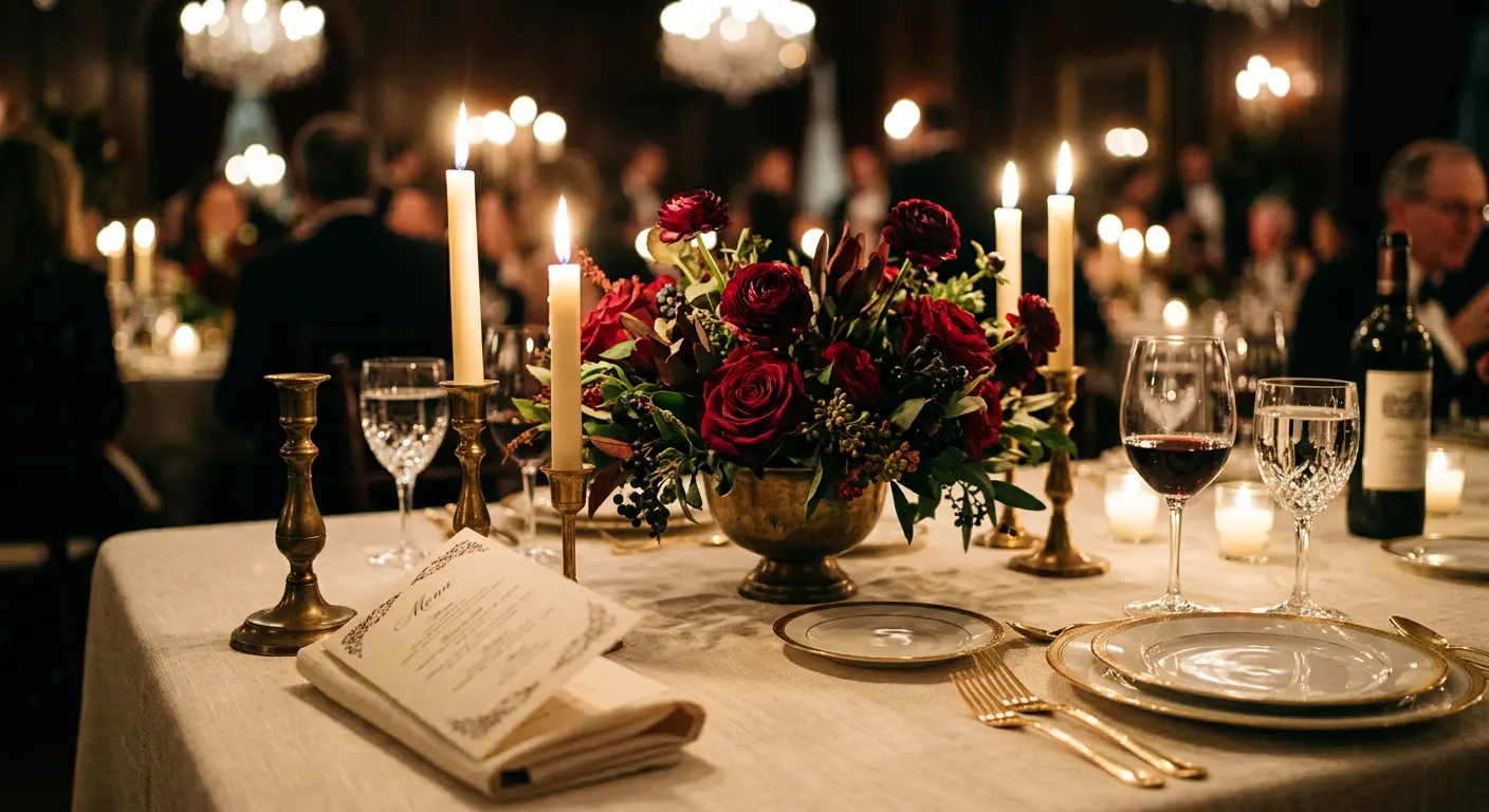 Detail of a styled dinner tablescape with florals and brass