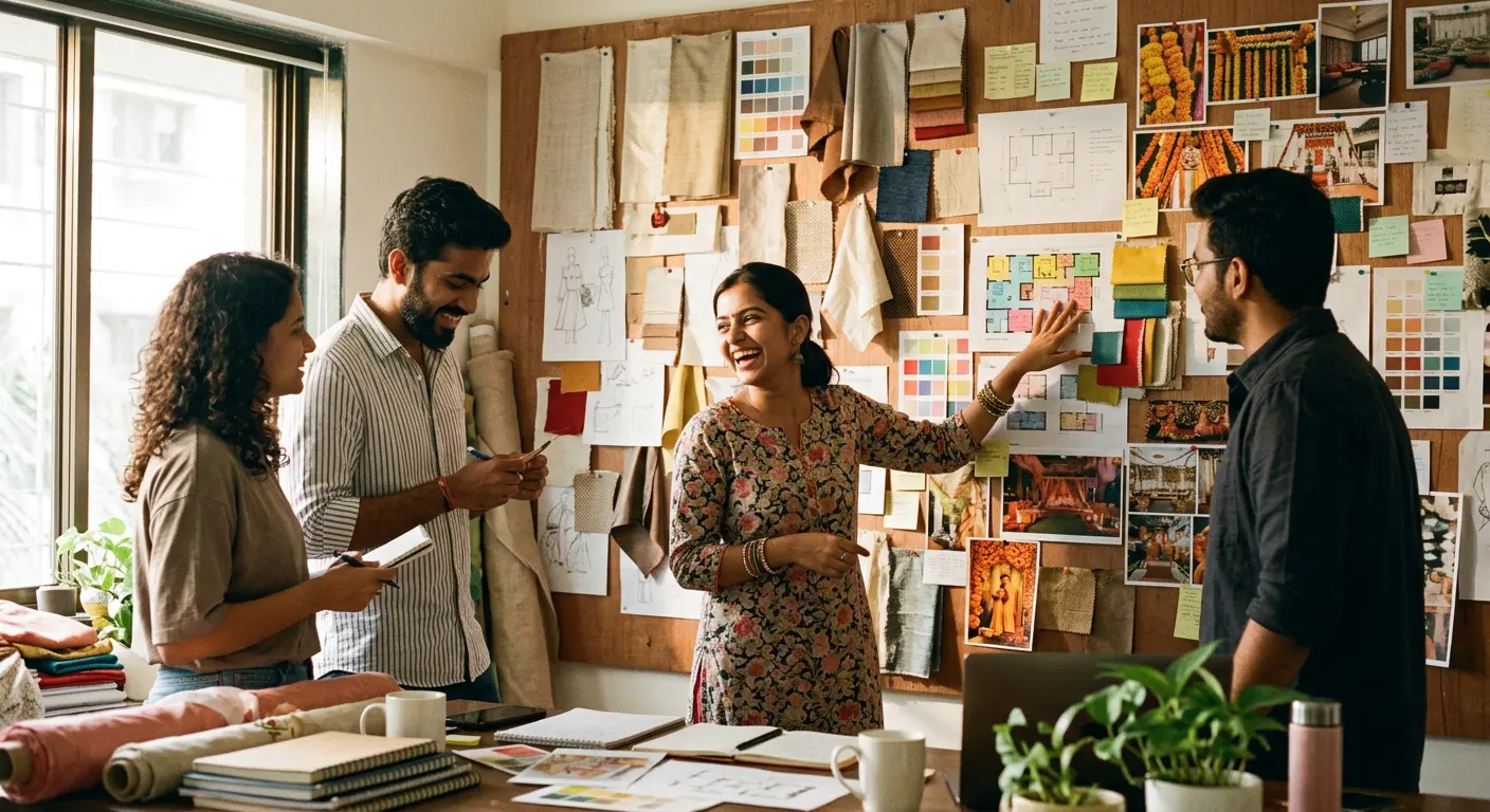 The Event Cube team reviewing a floor plan together in their studio