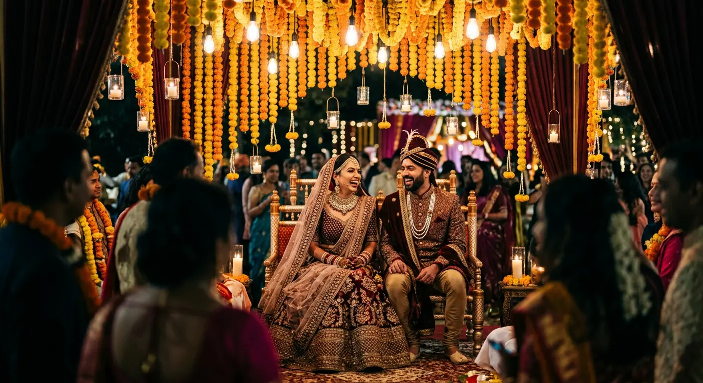 A bride and groom laughing beneath a canopy of marigolds and candles